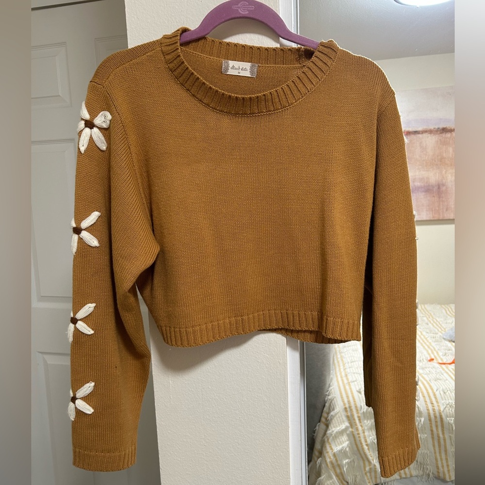 Mustard Cropped Crewneck Sweater with Floral Embroidery